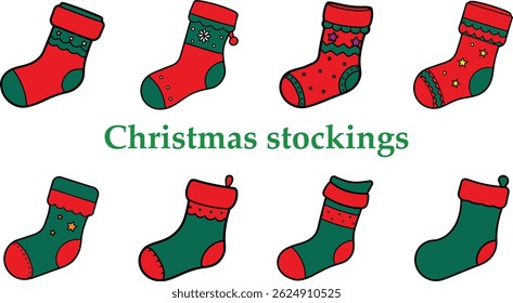 8 Christmas stockings clip art set on transparent background