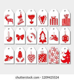 8 Christmas tag set. Christmas card set. Vector illustration. Template for greeting winter holiday invitation cards, congratulations