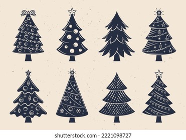 8 íconos de árboles de Navidad. Vintage simplemente xmas árboles aislados en un fondo blanco. Elementos de diseño para logotipo, afiche, emblema, tarjeta de saludo, volante.  Ilustración del vector