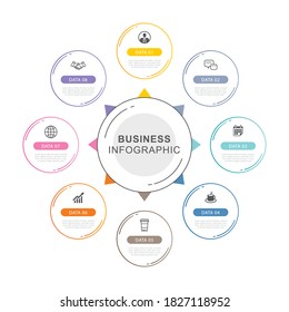 8 circle data timeline infographics template with thin line design. Vector illustration abstract background. Can be used for workflow layout, business step, banner, web design.