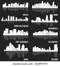 8 City silhouette in Florida ( Naples, MIami, Fort Lauderdale, Tampa, Orlando, Tallahassee, Sunny Isles Beach, Jacksonville )