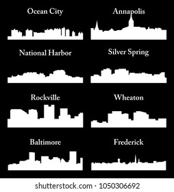 8 city silhouette in Maryland ( Ocean City, Annapolis, National Harbor, Silver Sping, Rockville, Wheaton, Baltimore, Frederick )