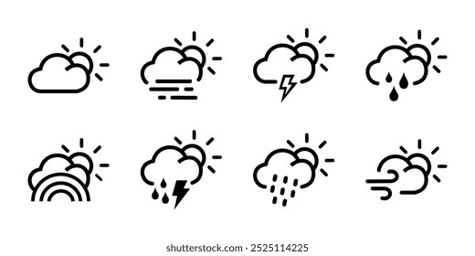 8 clear day cloud weather icons depicting various conditions like partly cloudy, thunderstorms, and snowfall.