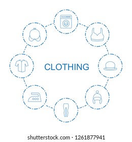 8 clothing icons. Trendy clothing icons white background. Included line icons such as washing machine, woman pants, sport bra, bra, baby cap. clothing icon for web and mobile.