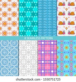 8 Collection Chic Different Vector Seamless Pattern, Abstract Geomatric Pattern Design Background.