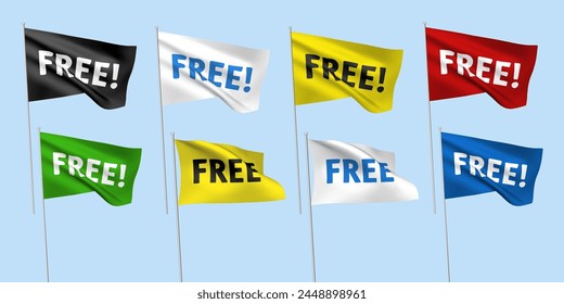 8 color vector flags with FREE text. A set of wavy 3D flags with flagpoles isolated on light background, created using gradient meshes svg