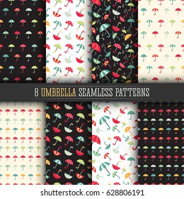 8 Colorful bright umbrellas seamless patterns modern design with water drops. Vector illustration on white and dark background