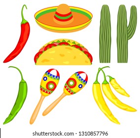 8 colorful cartoon mexican elements. Fiesta carnival set. Mexico theme vector illustration for icon, stamp, label, badge, certificate, leaflet, brochure or banner decoration