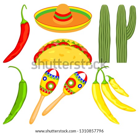 8 colorful cartoon mexican elements. Fiesta carnival set. Mexico theme vector illustration for icon, stamp, label, badge, certificate, leaflet, brochure or banner decoration