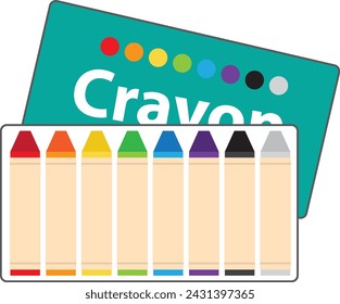 8 colorful crayon pencil set box for kids icon.