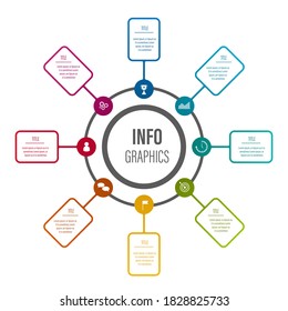 8 Colorful Infographic steps in square shape with icons and text box template
