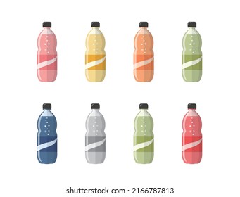 8 colorful soda drinks, plastic bottles of sparkling juice, iced delicious