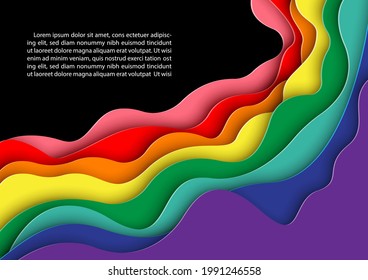 8 Colors bar of Pride flag (symbols of LGBT rights) in paper cut style and example texts on black background. Greeting card and poster of Pride month in vector design.
