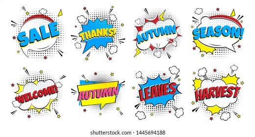 8 Comic Lettering Autumn In The Speech Bubbles Comic Style Flat Design. Dynamic Pop Art Vector Illustration Isolated On White Background. Exclamation Concept Of Comic Book Style Pop Art Voice Phrase.