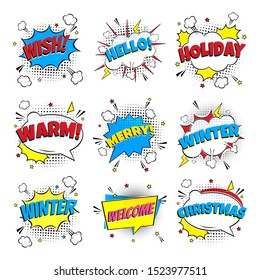 8 Comic Winter Lettering In The Speech Bubbles Comic Style Flat Design. Dynamic Pop Art Vector Illustration Isolated On White Background. Exclamation Concept Of Comic Book Style Pop Art Voice Phrases.