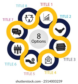 8 opções ou etapas conectadas infográfico 