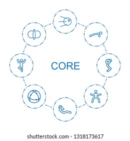 8 core icons. Trendy core icons white background. Included outline icons such as abdoninal workout, man doing exercises, atom fusion, atom. core icon for web and mobile.