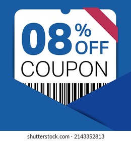 8% Coupon promotion sale for a website, internet ads, social media gift 8% off discount voucher. Big sale and super sale coupon discount. Price Tag Mega Coupon discount with vector illustration.