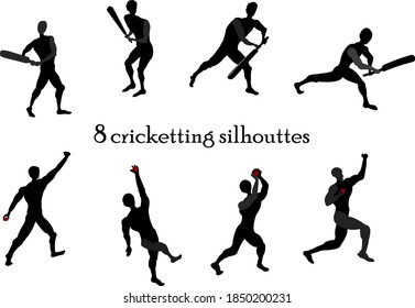 8 cricket gesture silhouettes for posters, invitations, greeting cards  svg