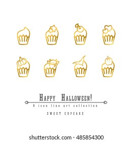 8 cupcakes halloween vector line art icons set, cake icon decorated with star, cherry, heart, pumpkin, spider and bat. Happy Halloween collection in gold color.