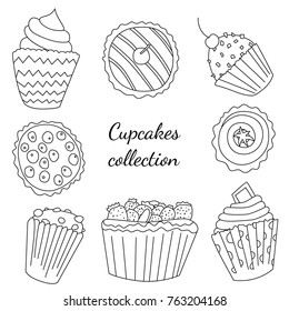 8 cupcakes set in outline style. Perfect for print, menu and creative design. Vector illustration. Isolated on white