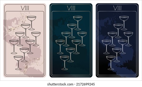 8 of Cups. A card of Minor arcana one line drawing tarot cards. Tarot deck. Vector linear hand drawn illustration with occult, mystical and esoteric symbols. 3 colors. Proposional to 2,75x4,75 in.