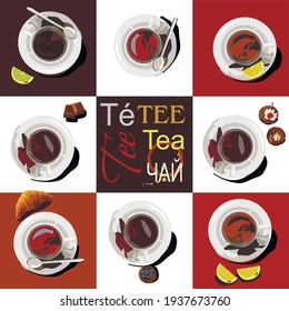 8 cups of tea of different sorts are on saucers. The cups are set against a white and brown background, next to it are slices of lemon, lime, croissant, a piece of chocolate and a cupcake. 