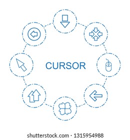 8 cursor icons. Trendy cursor icons white background. Included outline icons such as arrow down, hands, move, arrow left, back, arrow up, pointer. cursor icon for web and mobile.