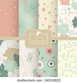 8 Cute different vector seamless patterns (tiling). Pink, red, beige, blue color. Endless texture can be used for printing onto fabric and paper or scrap booking. Heart, stripes, rhombus, chevron.