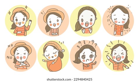 8 cute girls faces and gestures showing different emotions, cartoon drawing style vector illustration