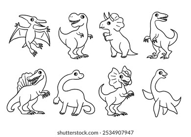 8 Cute monochrome line drawing Dinosaurs