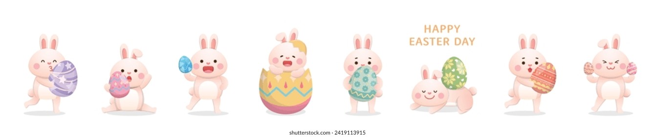 8 cute and playful rabbit mascots or characters, colorful easter eggs, vector illustration