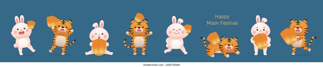 8 conejos lindos con mascotas de tigre, linternas anaranjadas o farolillos, tradicionales para el Año Nuevo Chino o el Festival de Mediootoño