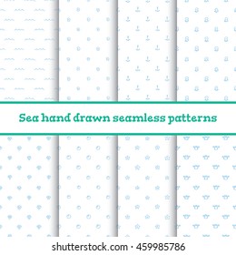 8 cute sea seamless patterns. Vector doodle illustration.