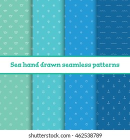 8 cute sea seamless patterns. Vector doodle illustration.