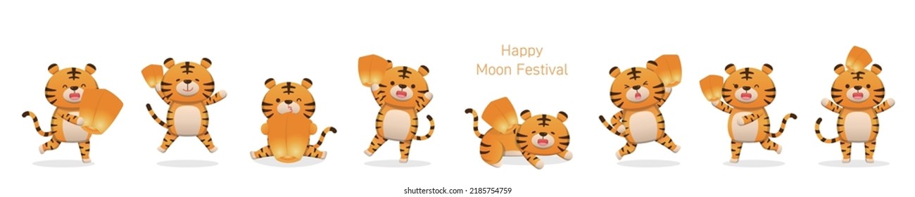 8 cute tiger character mascots, orange lanterns or sky lanterns, traditional Chinese New Year or Mid-Autumn Festival
