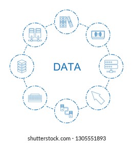 8 data icons. Trendy data icons white background. Included line icons such as binder, cable, phone connection cable, pointer, business center building. data icon for web and mobile.