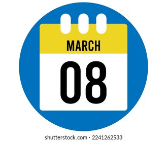 Vector del calendario de 8 días de marzo. Icono de la página del calendario para los días de marzo. Círculo azul con calendario amarillo