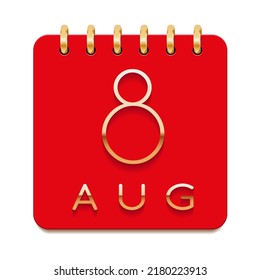 8 day of the month. August. Luxury calendar daily icon. Date day week Sunday, Monday, Tuesday, Wednesday, Thursday, Friday, Saturday. Gold text. Red paper. Vector illustration.