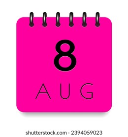 8 day of the month. August. Pink calendar daily icon. Black letters. Date day week Sunday, Monday, Tuesday, Wednesday, Thursday, Friday, Saturday. Cut paper. White background. Vector illustration.