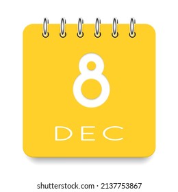 8 Day Of The Month. December. Cute Yellow Calendar Daily Icon. Date Day Week Sunday, Monday, Tuesday, Wednesday, Thursday, Friday, Saturday. Cut Paper. White Background. Vector Illustration.