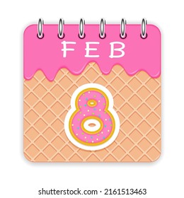 8 day of a month. February. Waffle cone calendar with melted ice cream. 3d daily icon. Date. Week Sunday, Monday, Tuesday, Wednesday, Thursday, Friday, Saturday. White background Vector illustration
