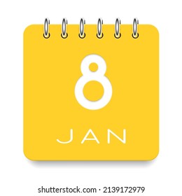 8 day of the month. January. Cute yellow calendar daily icon. Date day week Sunday, Monday, Tuesday, Wednesday, Thursday, Friday, Saturday. Cut paper. White background. Vector illustration.
