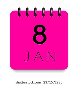 8 day of the month. January. Pink calendar daily icon. Black letters. Date day week Sunday, Monday, Tuesday, Wednesday, Thursday, Friday, Saturday. Cut paper. White background. Vector illustration.