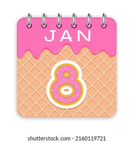 8 day of a month. January. Waffle cone calendar with melted ice cream. 3d daily icon. Date. Week Sunday, Monday, Tuesday, Wednesday, Thursday, Friday, Saturday. White background Vector illustration