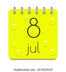 8 day of month. July. Calendar daily icon. Date day week Sunday, Monday, Tuesday, Wednesday, Thursday, Friday, Saturday. Black text. Light green paper. Water drop dew raindrops. Vector illustration.