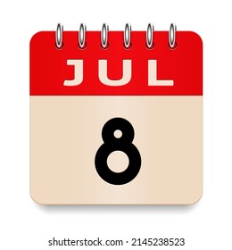 8 día del mes. Julio. Voltear el calendario formal antiguo. Icono de 3d diario. Fecha. Semana Domingo, Lunes, Martes, Miércoles, Jueves, Viernes, Sábado. Corta papel. Fondo blanco. Ilustración vectorial. 