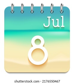 8 day of the month. July. Marine view  calendar daily icon. Date day week Sunday, Monday, Tuesday, Wednesday, Thursday, Friday, Saturday. White text. Sea background. Vector illustration. Sea coast.