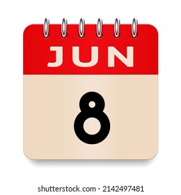 8 day of the month. June. Flip old formal calendar. 3d daily icon. Date. Week Sunday, Monday, Tuesday, Wednesday, Thursday, Friday, Saturday. Cut paper. White background. Vector illustration. 