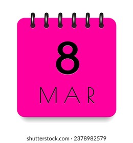 8 day of the month. March. Pink calendar daily icon. Black letters. Date day week Sunday, Monday, Tuesday, Wednesday, Thursday, Friday, Saturday. Cut paper. White background. Vector illustration.